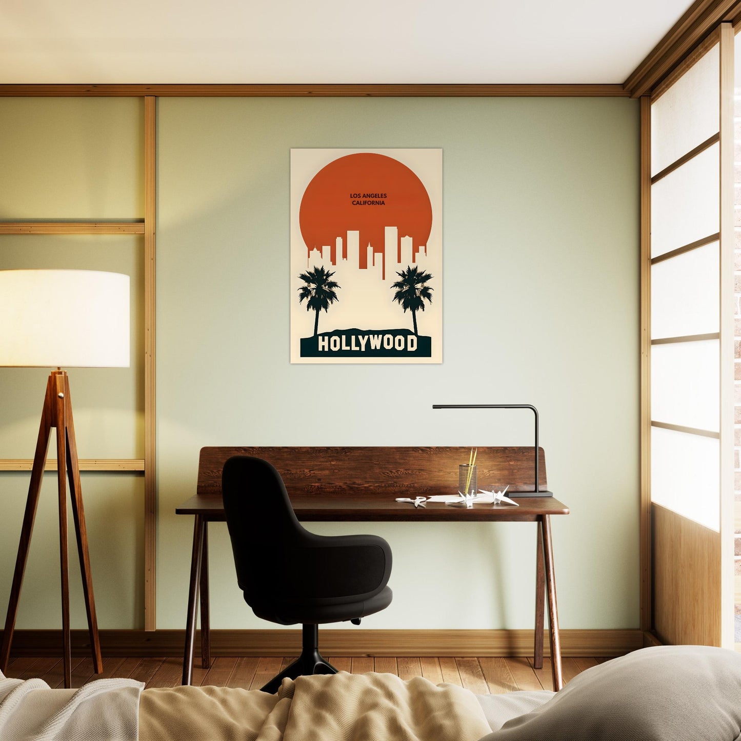Modern room interior with a desk, chair, and 'Hollywood' poster on the wall.