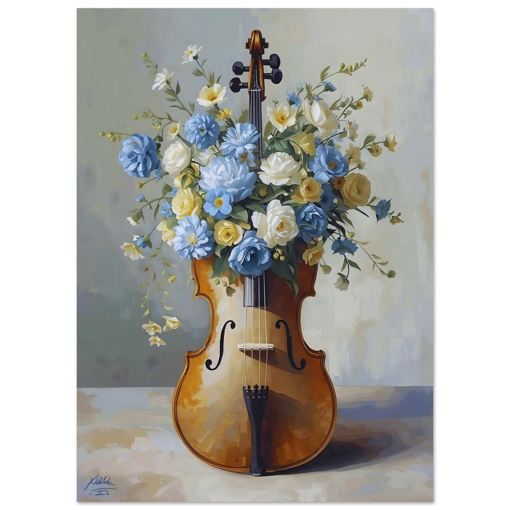 Painting of a violin with flowers inside on a light background