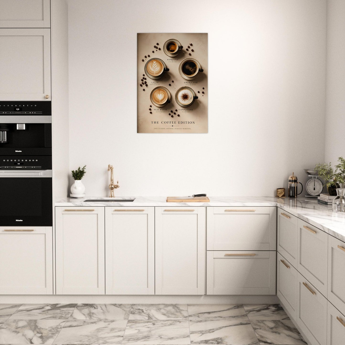 Modern kitchen with a coffee-themed wall art piece.