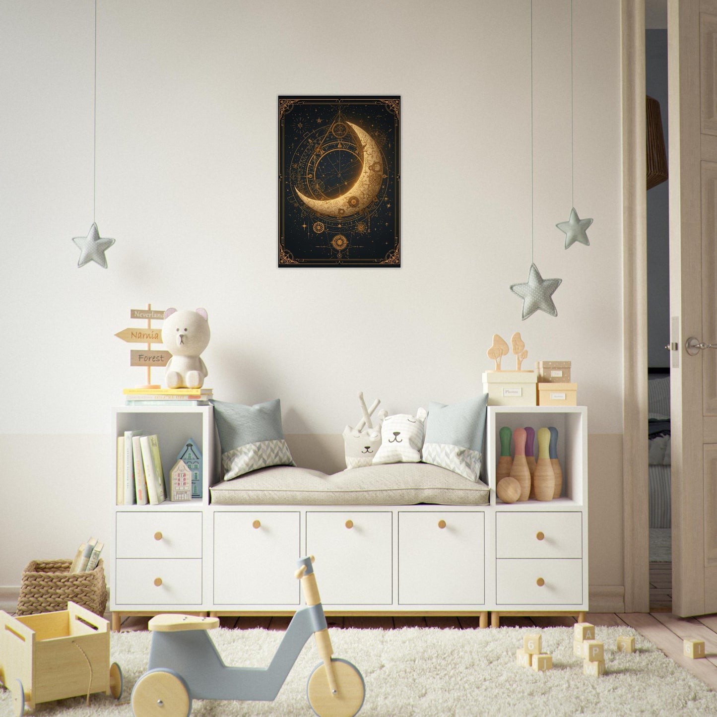 Children's room with a white dresser, toys, and a decorative wall poster.