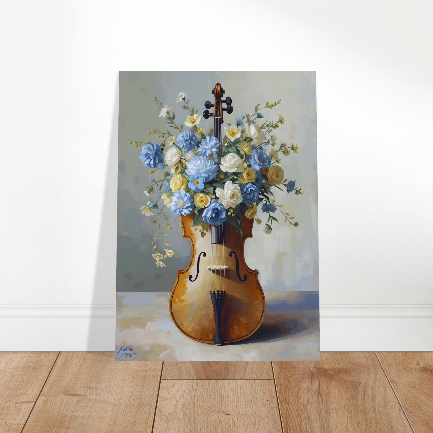 Painting of a violin with flowers on a gray background