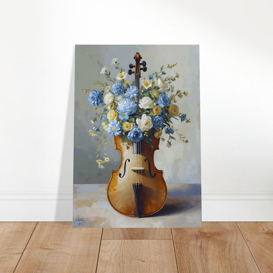 Painting of a violin with flowers on a gray background