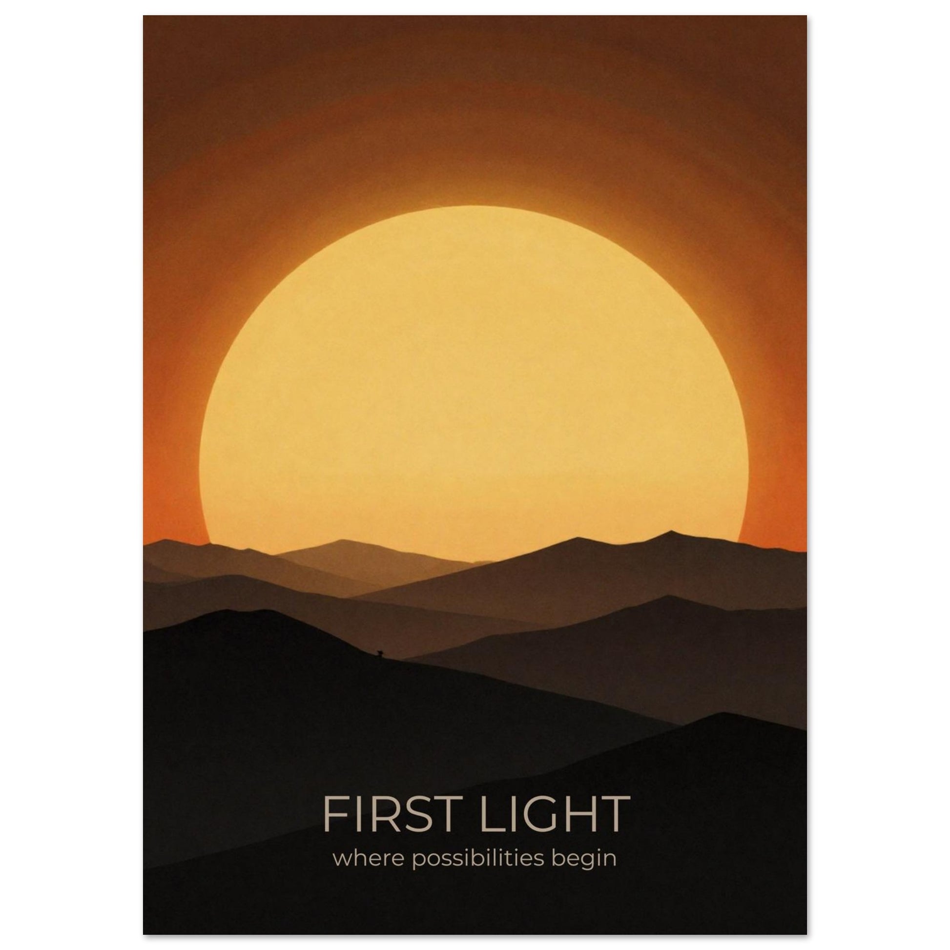 Close-up of First Light sunrise wall art showcasing a large glowing sun and minimalist mountain landscape in amber and gold colours.