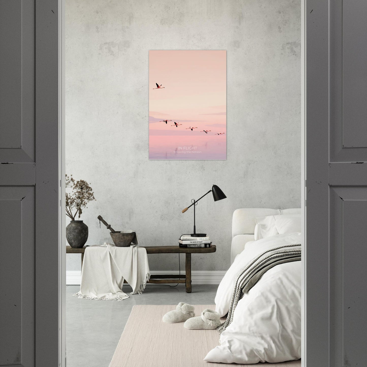 Pink flamingo wall art displayed in a contemporary living room, featuring a flock of birds flying across a tranquil pastel horizon.