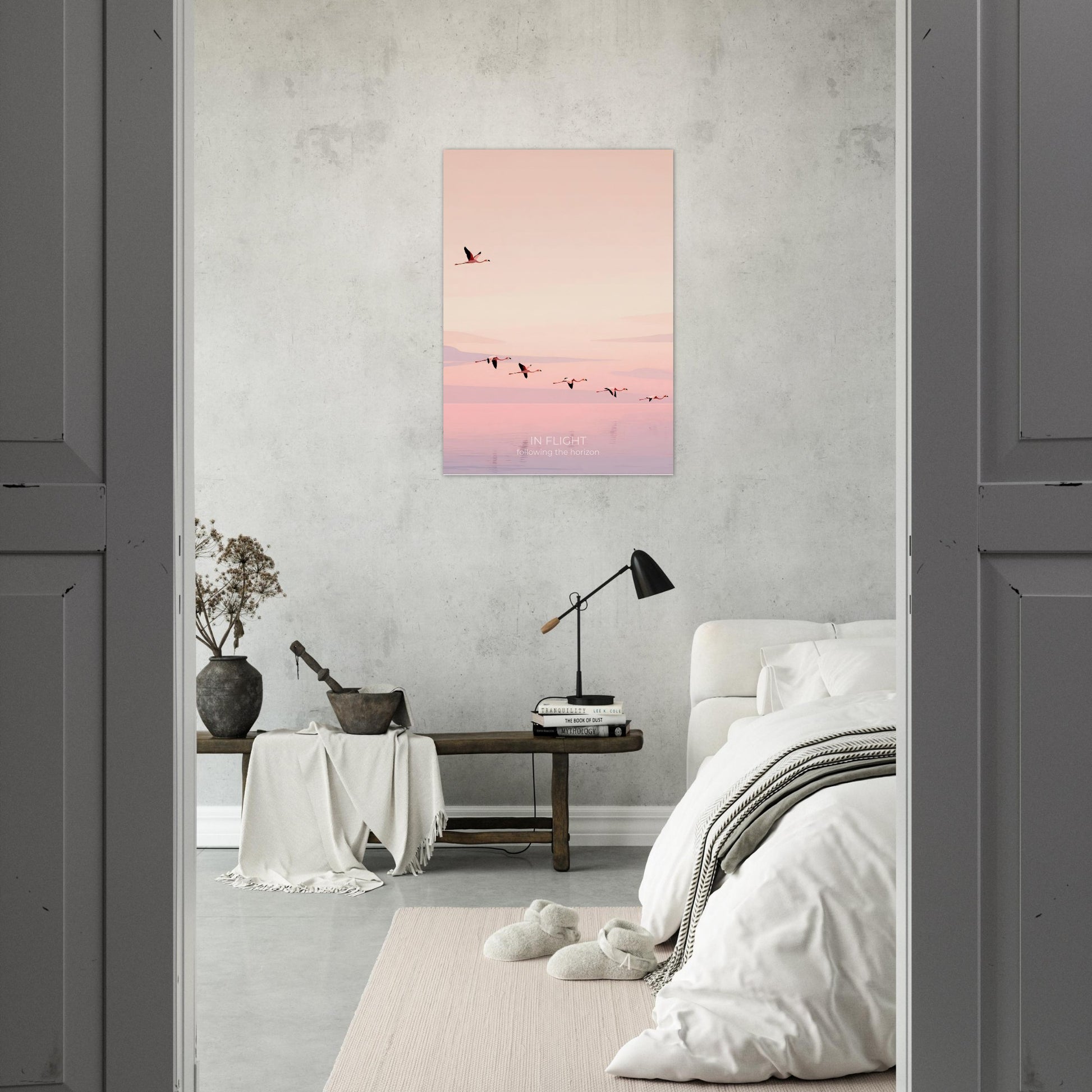 Pink flamingo wall art displayed in a contemporary living room, featuring a flock of birds flying across a tranquil pastel horizon.