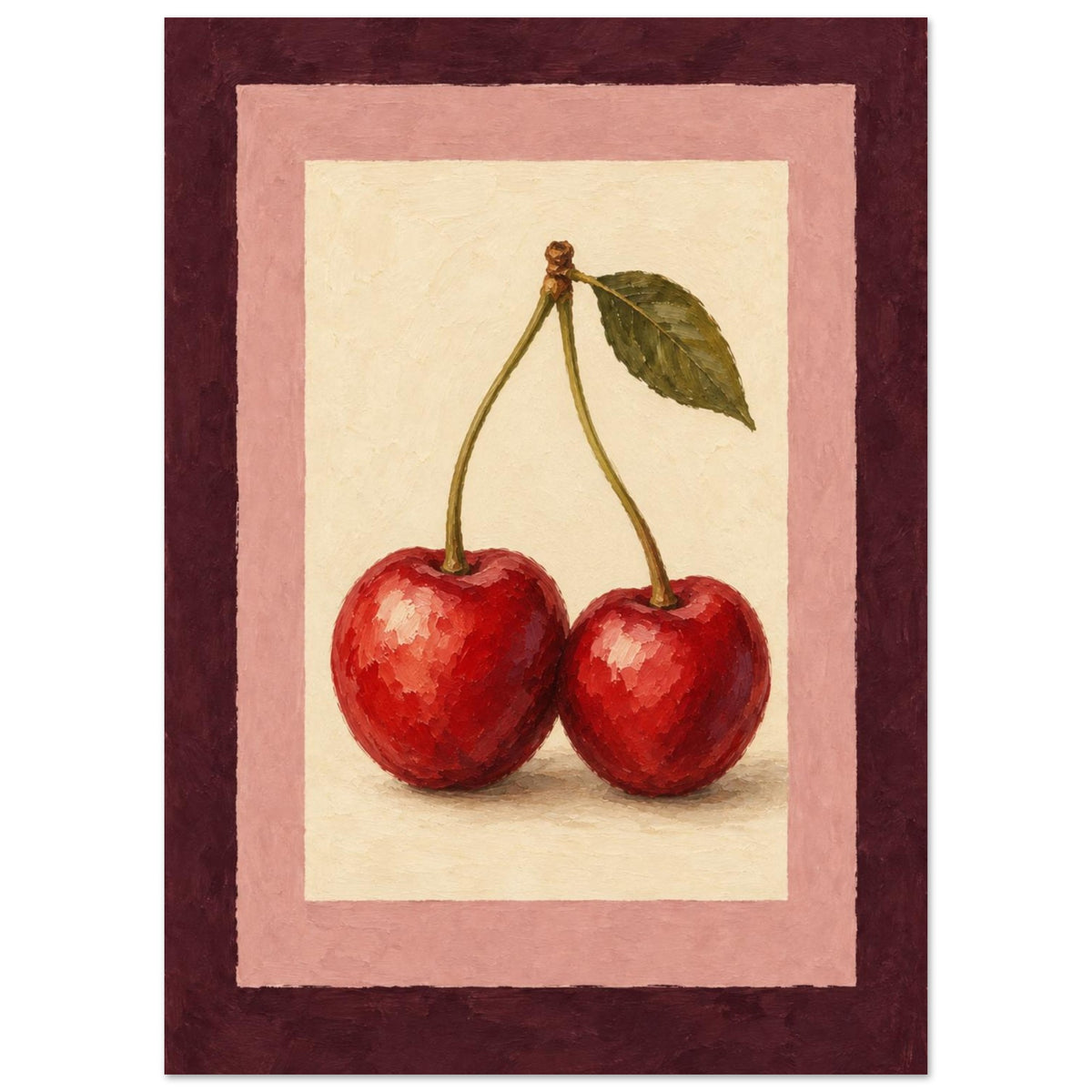 A framed art print featuring a painted still life of two red cherries with green stems and leaves on a cream background, surrounded by pink and dark burgundy borders.