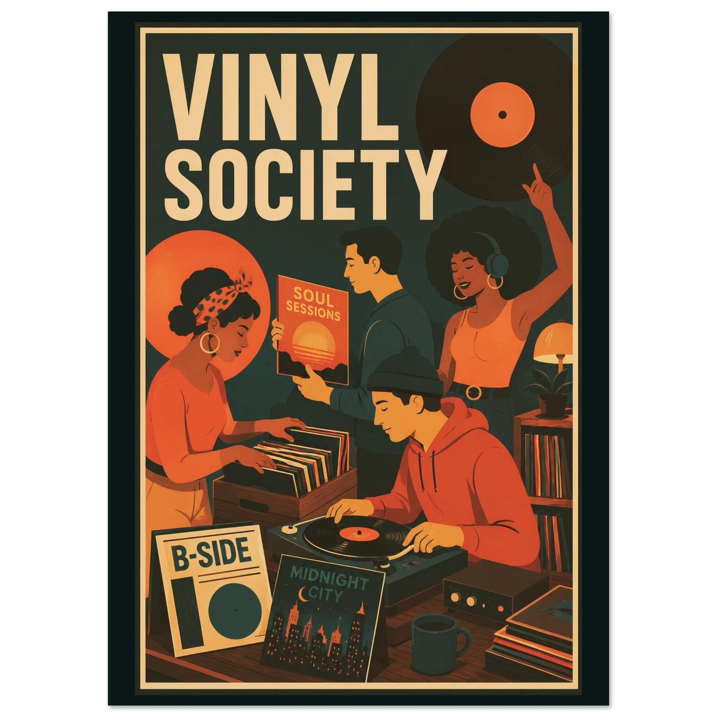A retro-style poster or art print with the words “VINYL SOCIETY” at the top, showing illustrated people gathered around turntables and records in warm orange, cream, and dark teal tones.