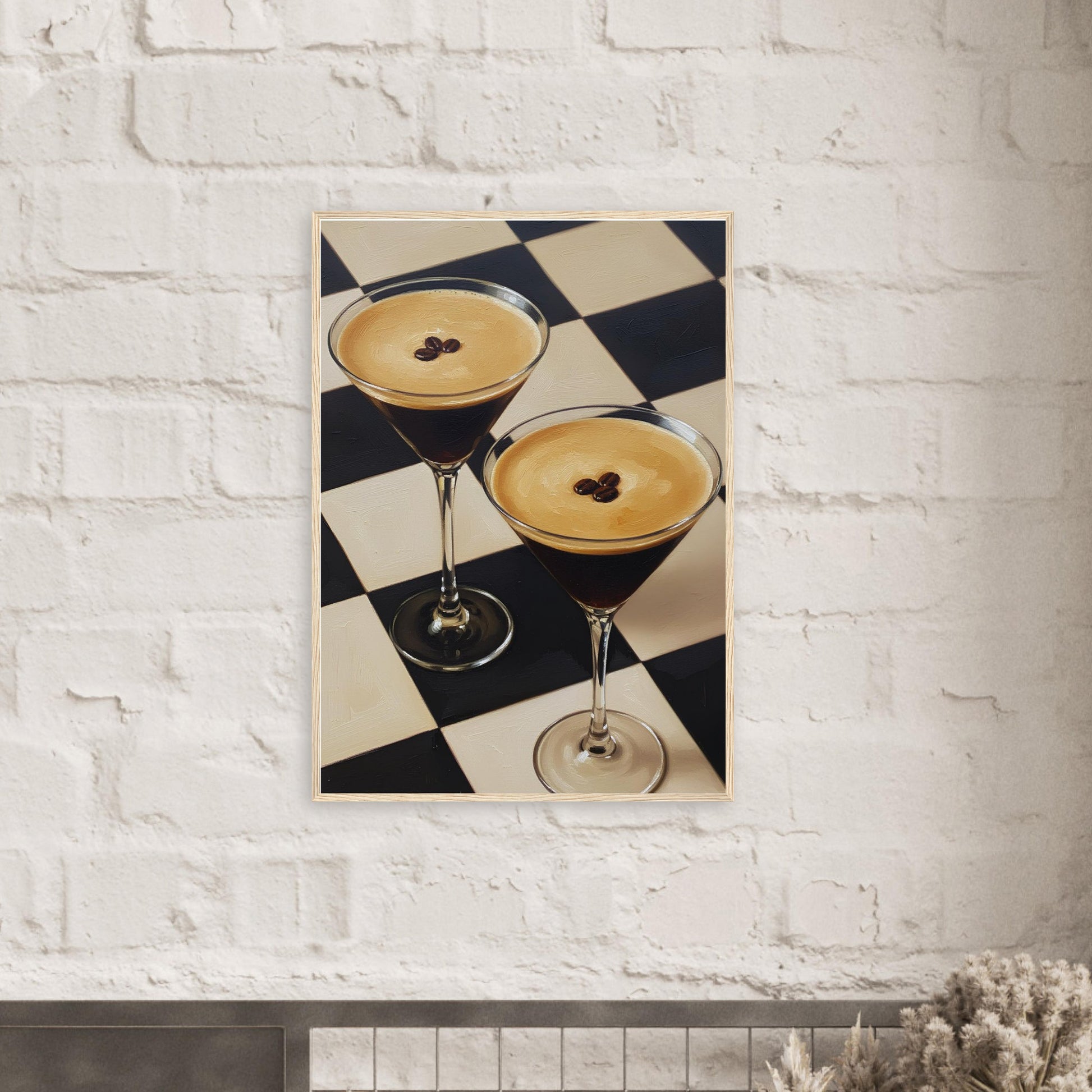 Espresso Martini framed wall art displayed against a white brick feature wall in a contemporary home.