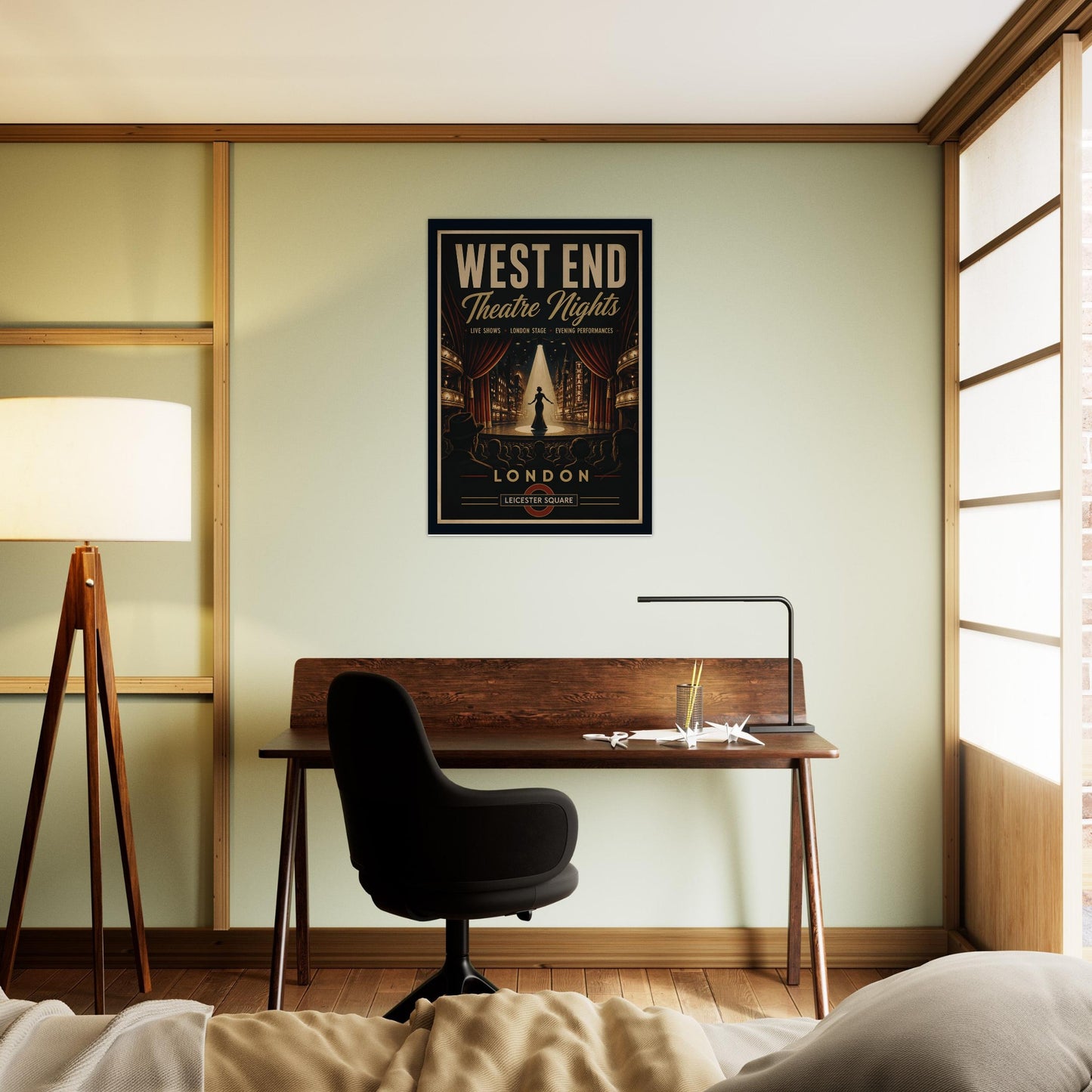 Modern bedroom with a desk, chair, and 'West End Theatre Nights' poster on the wall.