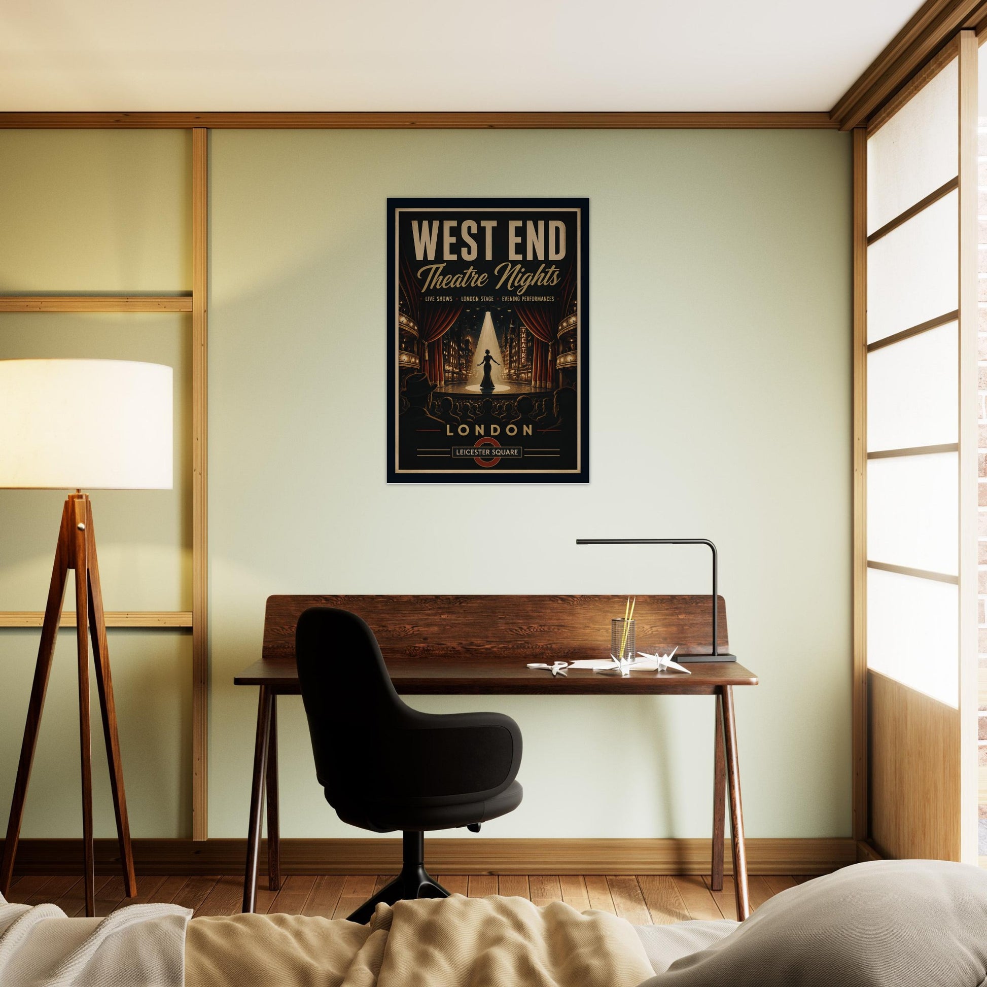 Modern bedroom with a desk, chair, and 'West End Theatre Nights' poster on the wall.
