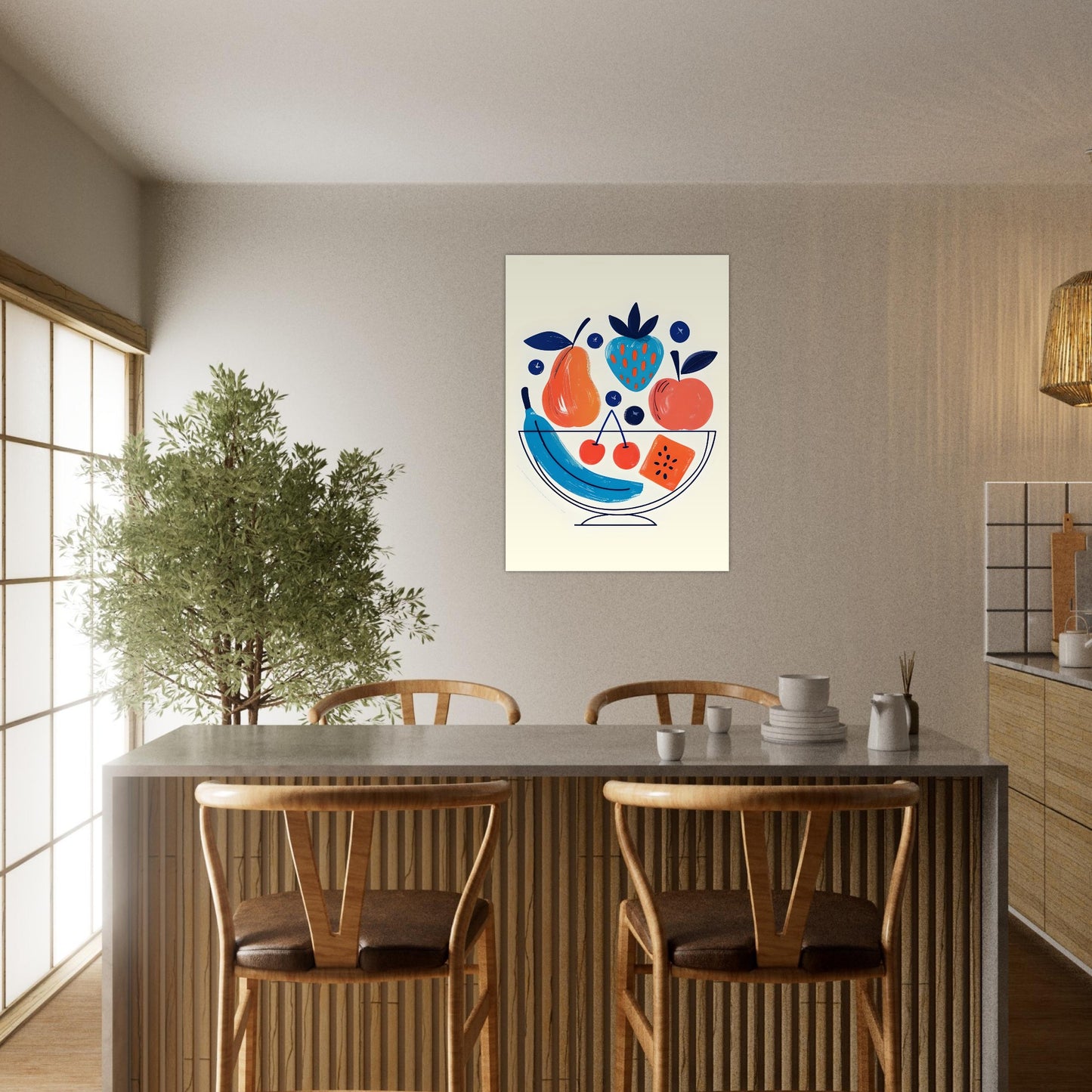 Dining room with a table and chairs, a plant, and a colorful abstract painting on the wall.