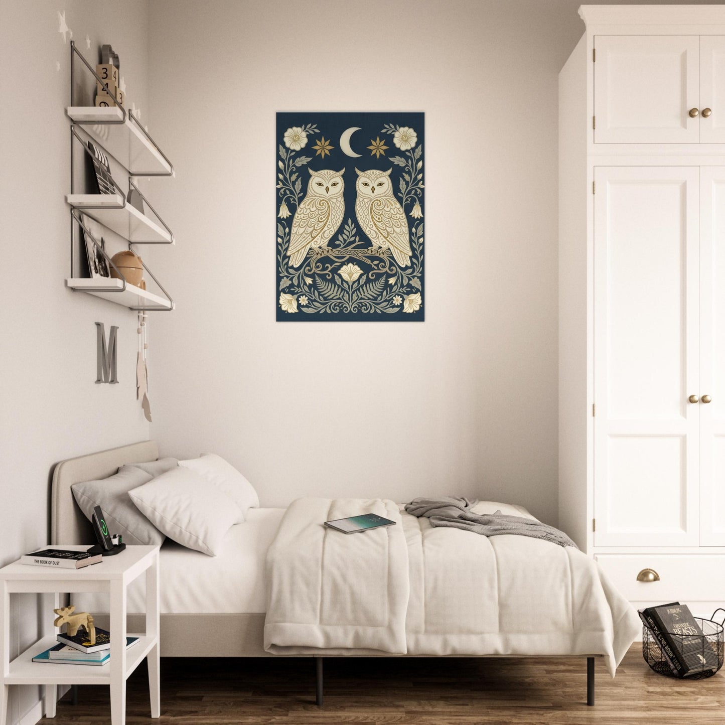 Owls & Moonflowers folk art wall print displayed above a bed in a contemporary bedroom with calming neutral tones.