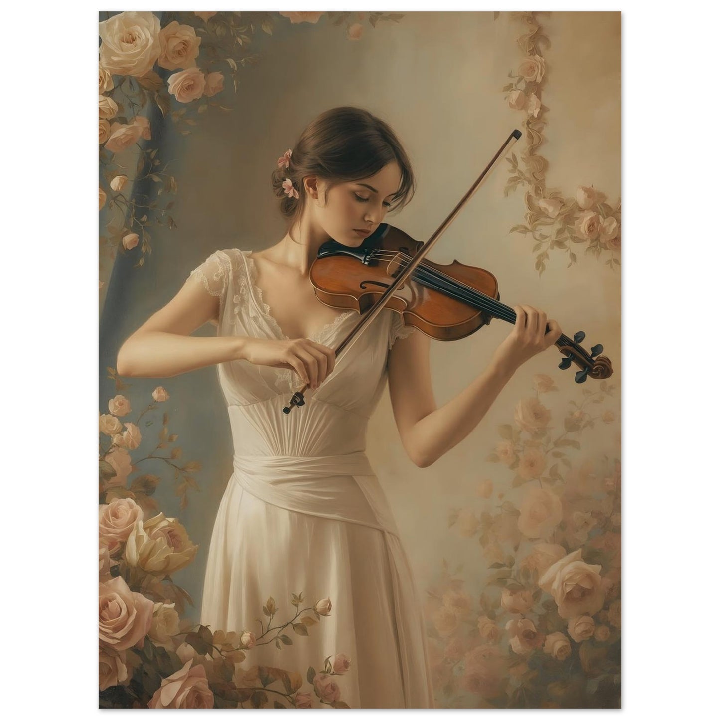 Woman playing violin with floral background