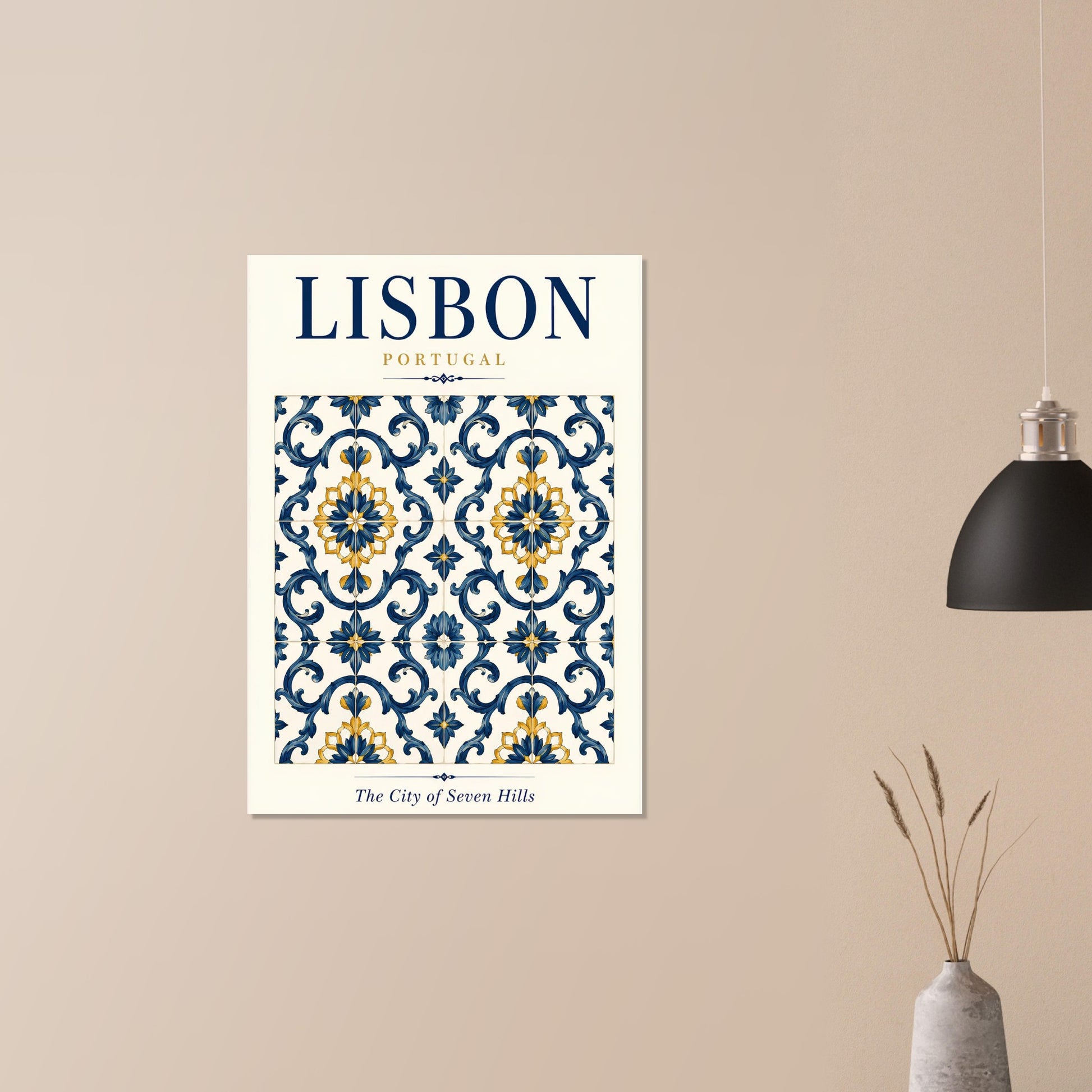 Lisbon Portugal travel print featuring blue and yellow tile patterns displayed on a warm beige wall with minimalist decor.