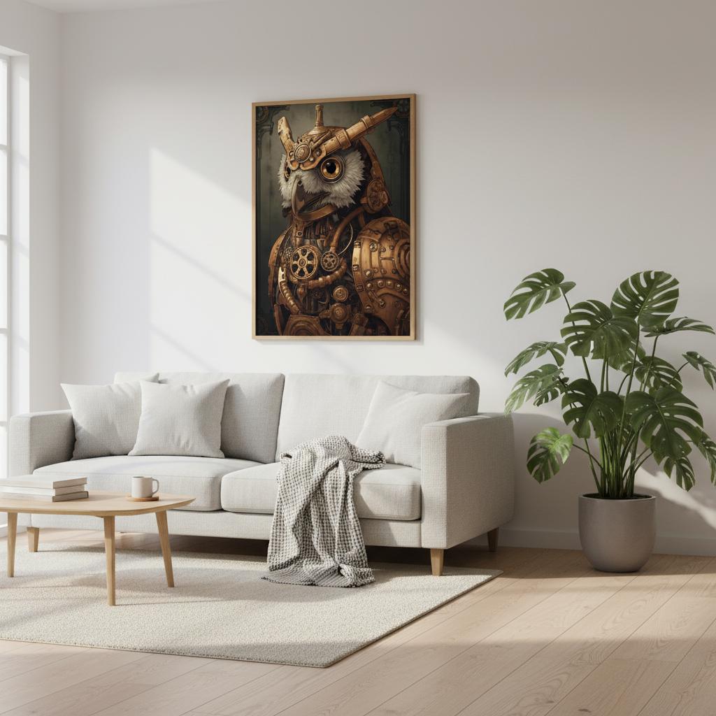 Living room with a white sofa, wooden coffee table, and a framed picture of an owl on the wall.