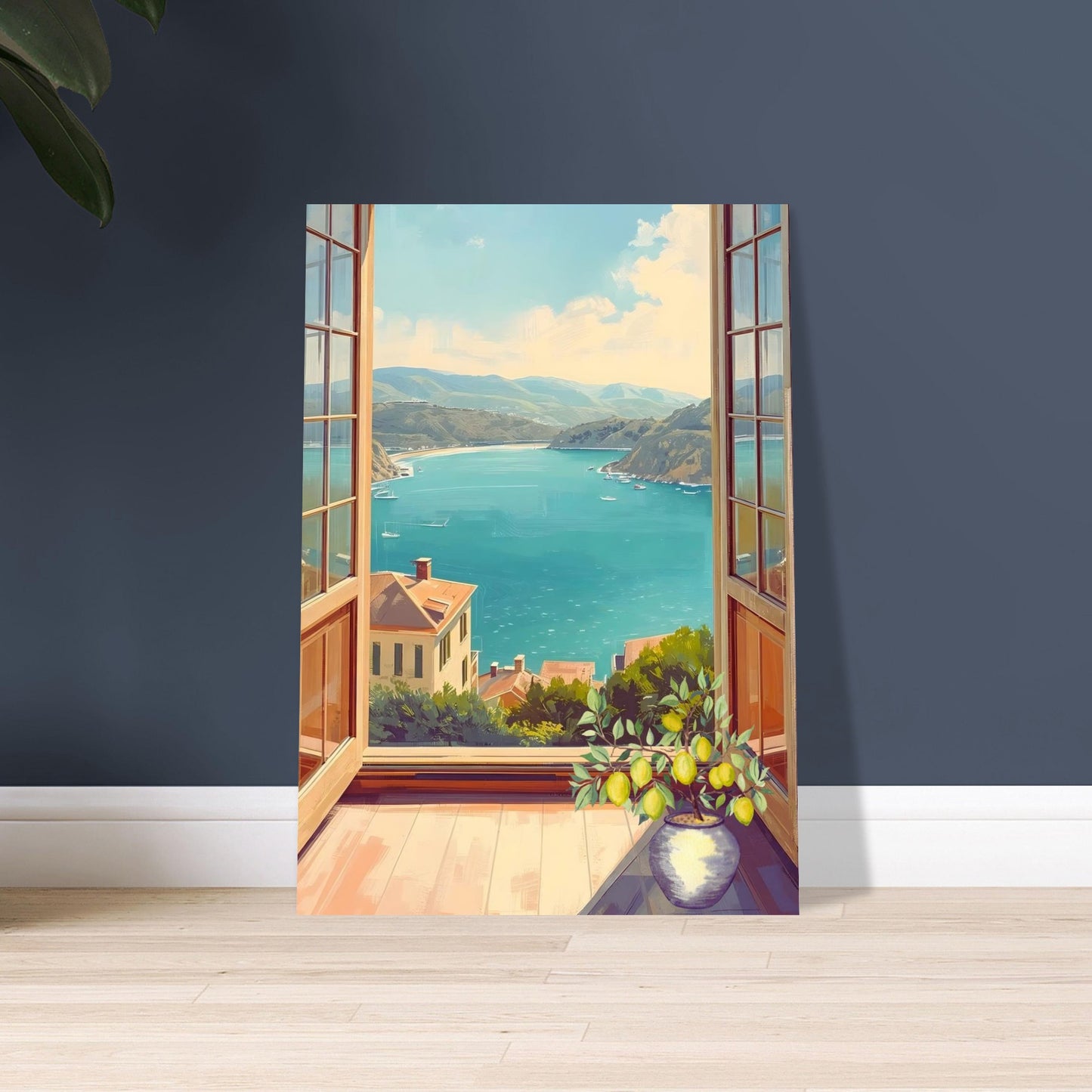 Coastal window view wall art displayed in modern room against a navy blue wall