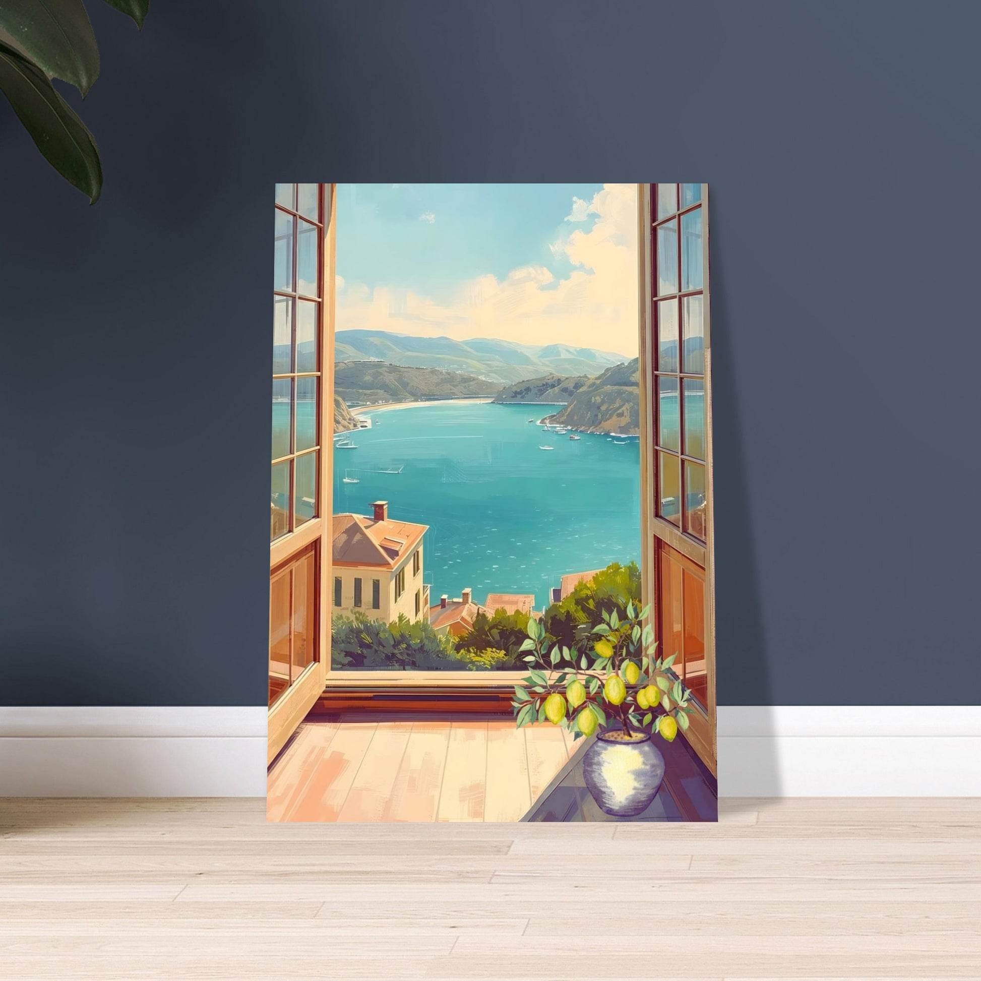 Coastal window view wall art displayed in modern room against a navy blue wall