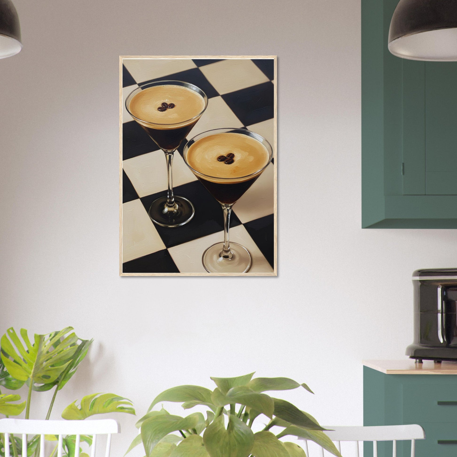 Minimalist Espresso Martini framed wall art adding character to a modern kitchen with green accents