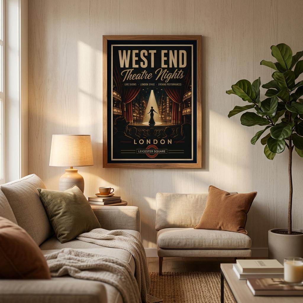 Living room with a framed poster titled 'West End Theatre Nights' on the wall.