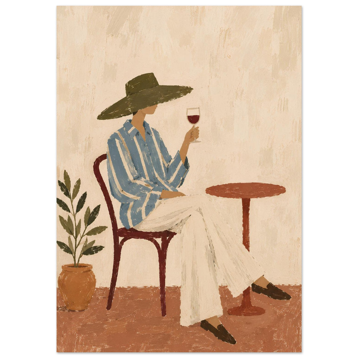A vertical art print featuring a stylized illustration of a woman in a wide-brimmed green hat, a blue and white striped shirt, and white pants, sitting at a small round table and holding a glass of red wine. A potted plant is on the left, set against a textured beige and rust background.