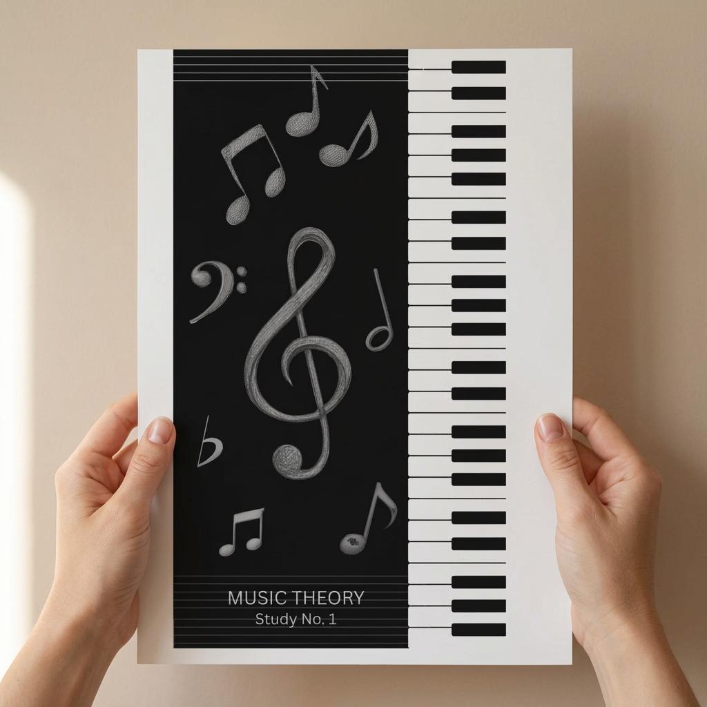 Minimalist piano keys poster with musical notes and treble clef black and white music wall art