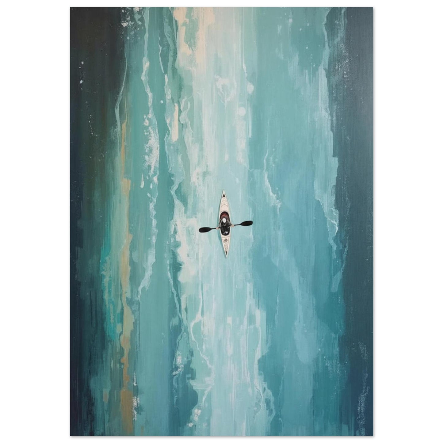 Kayaker Poster in the middle of a river with a colorful, abstract background