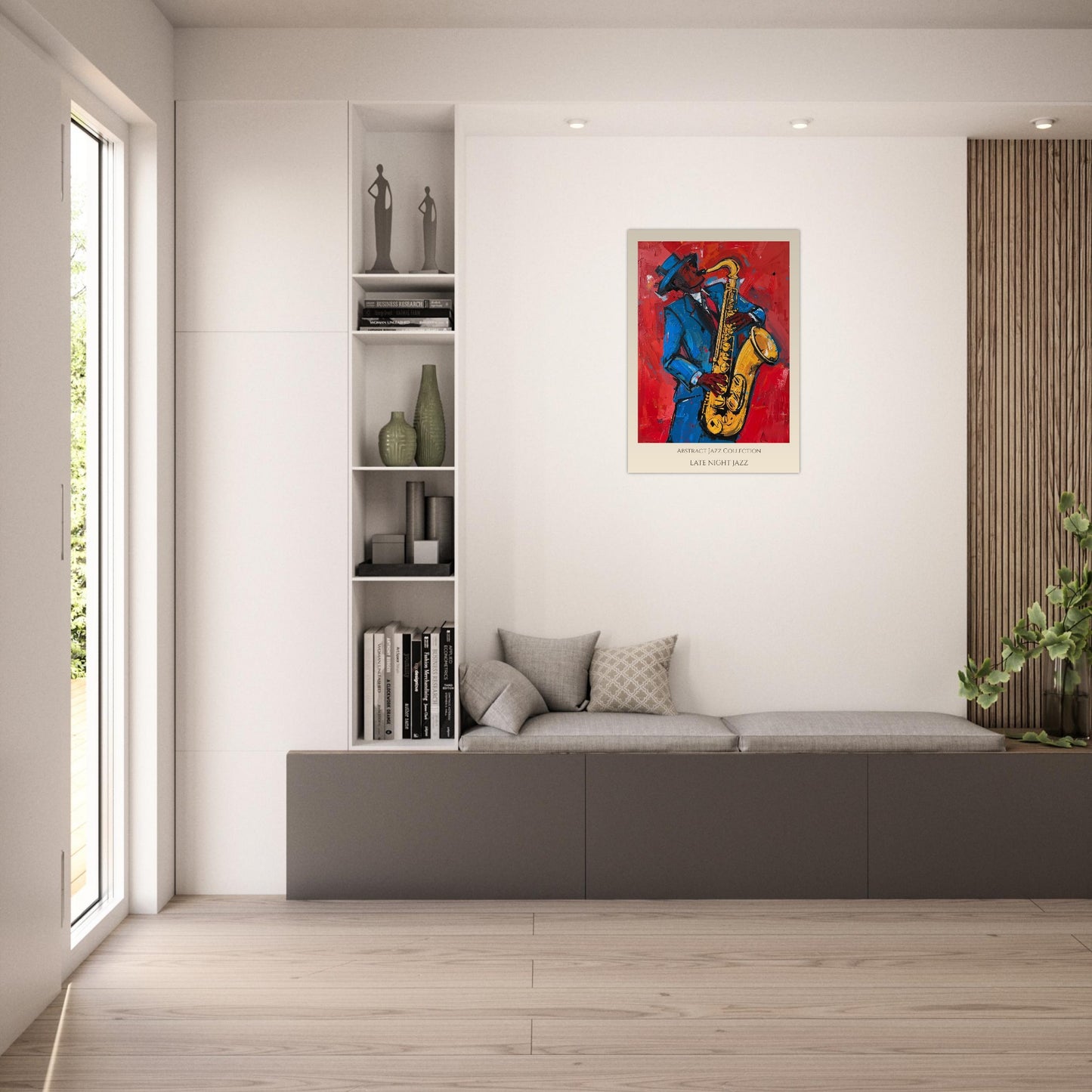 Abstract jazz saxophone wall art displayed above sofa – modern red and blue art print