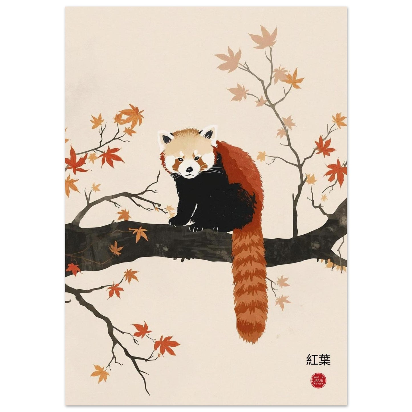 Illustration of a red panda on a branch with autumn leaves
