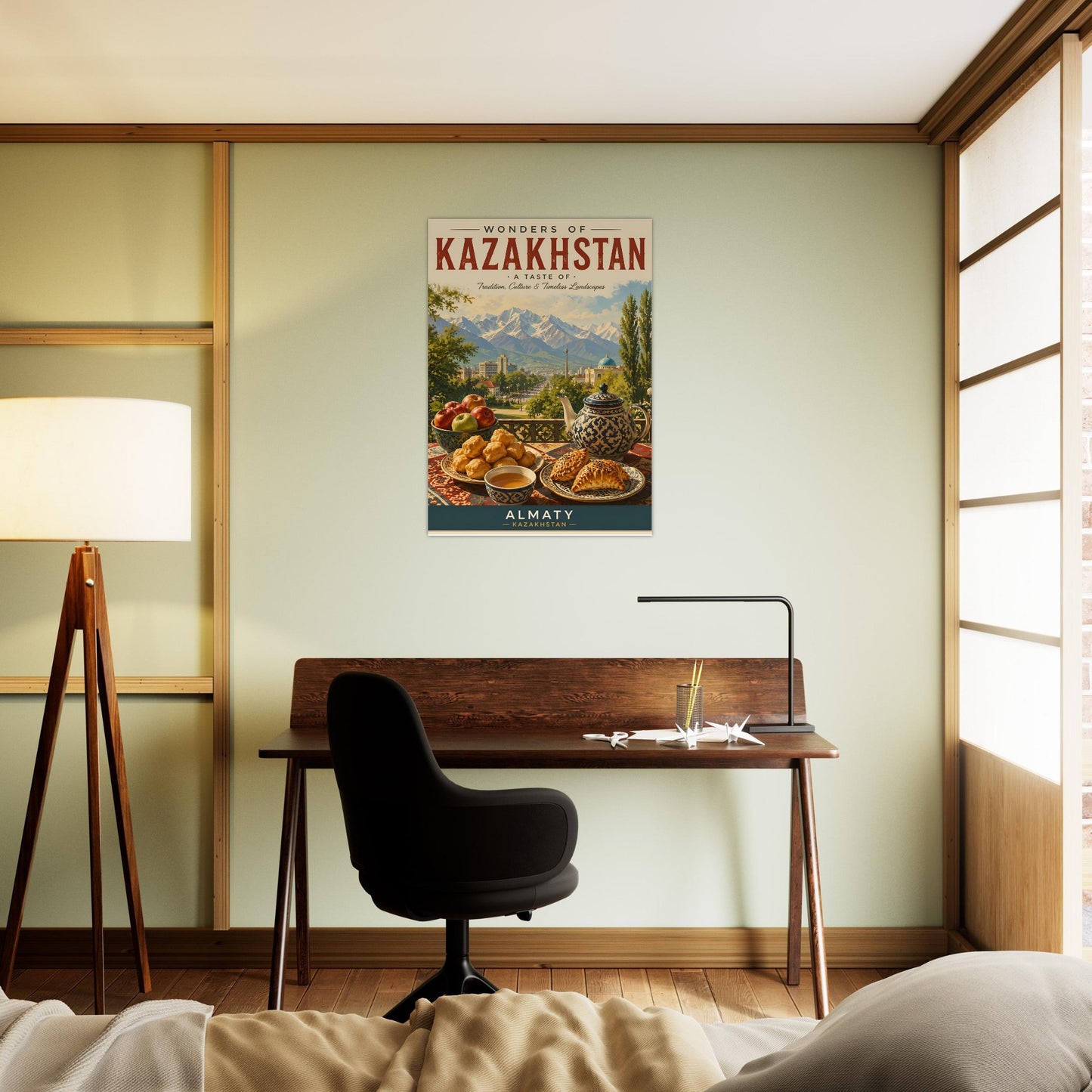 Vintage Kazakhstan poster hanging above a desk and piano in a stylish home office with natural light and contemporary décor.