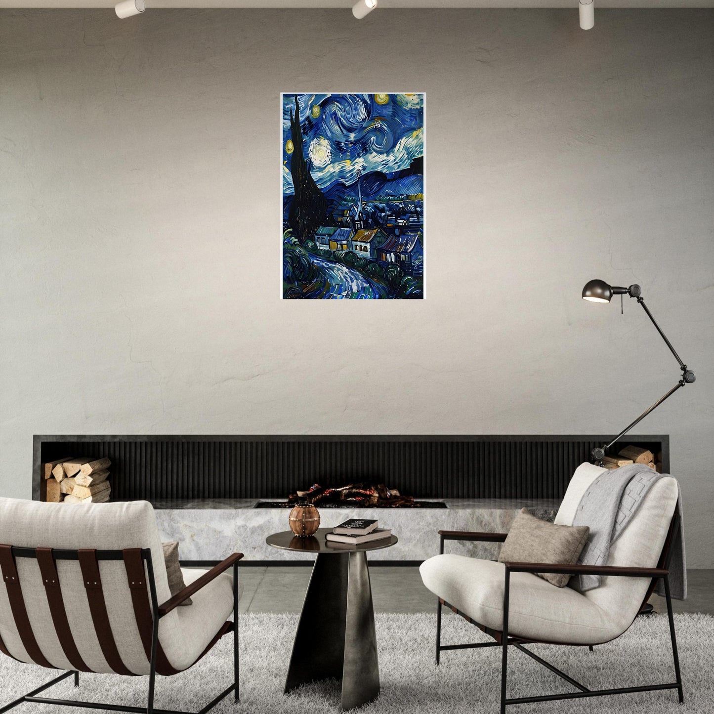 Modern living room with a painting of a starry night scene on the wall.
