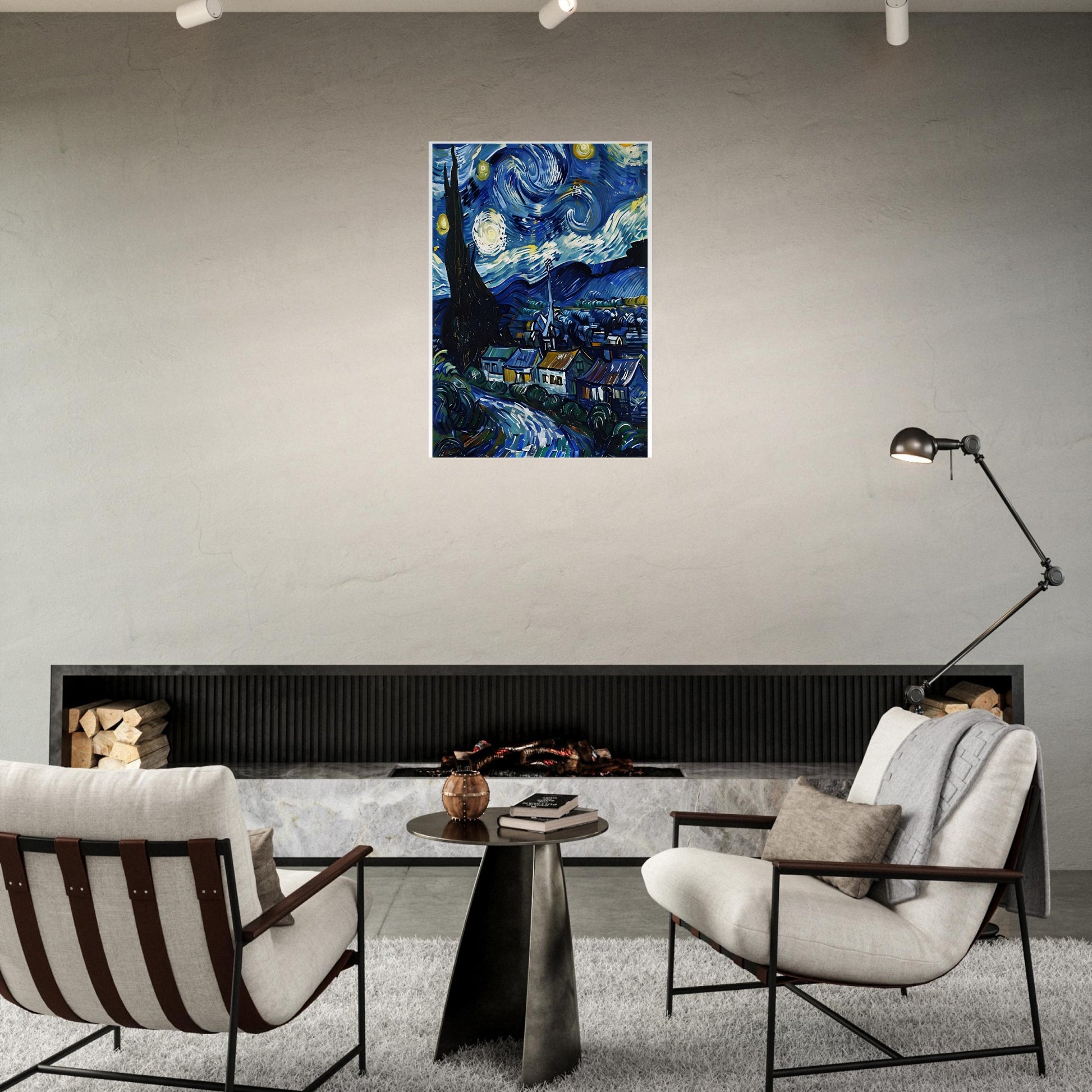 Modern living room with a painting of a starry night scene on the wall.