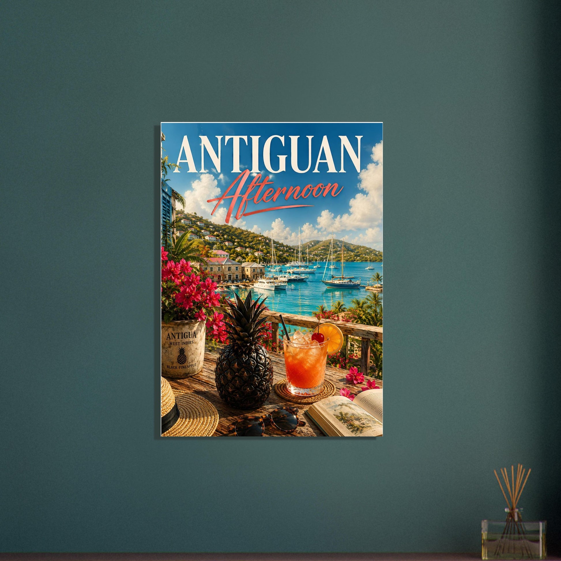 Framed artwork of 'Antiguan Afternoon' with a scenic view of Antigua on a teal wall.