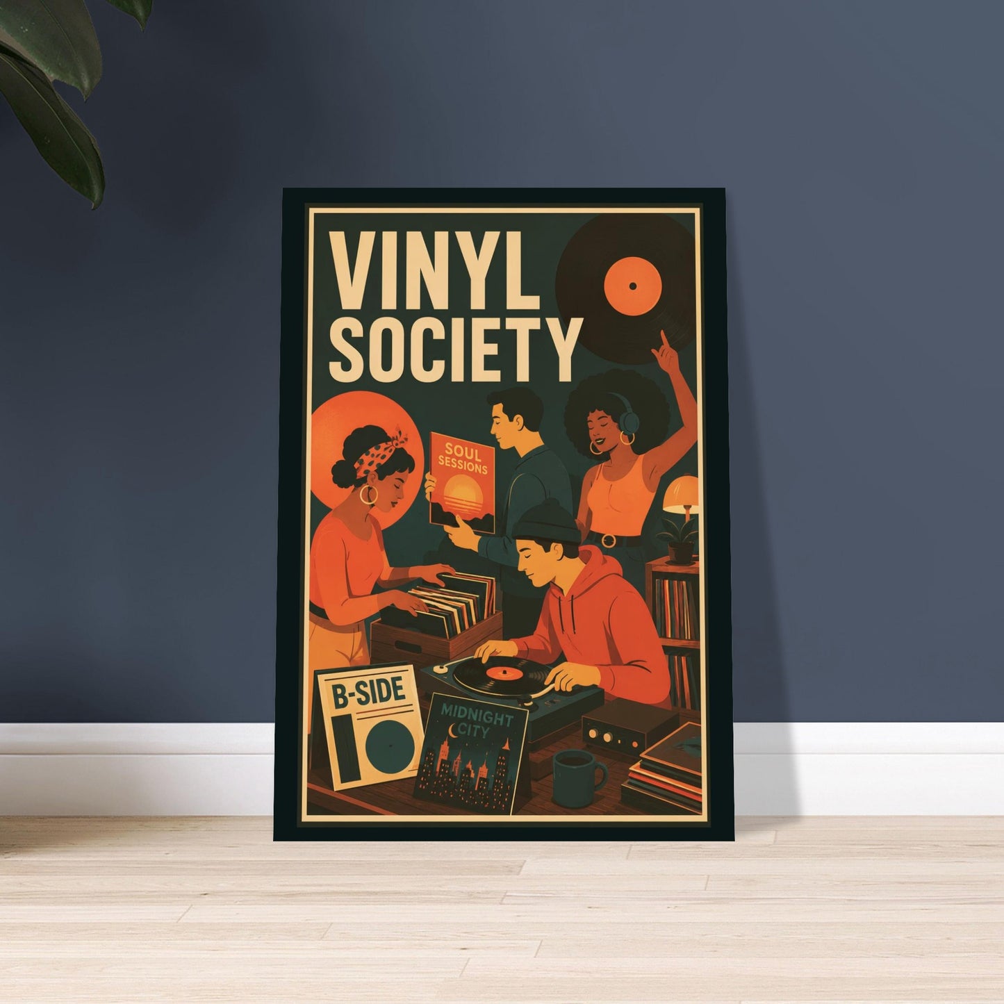Vinyl Society wall art featuring stylised music lovers and vinyl records, displayed in a simple frame against a blue-grey wall.