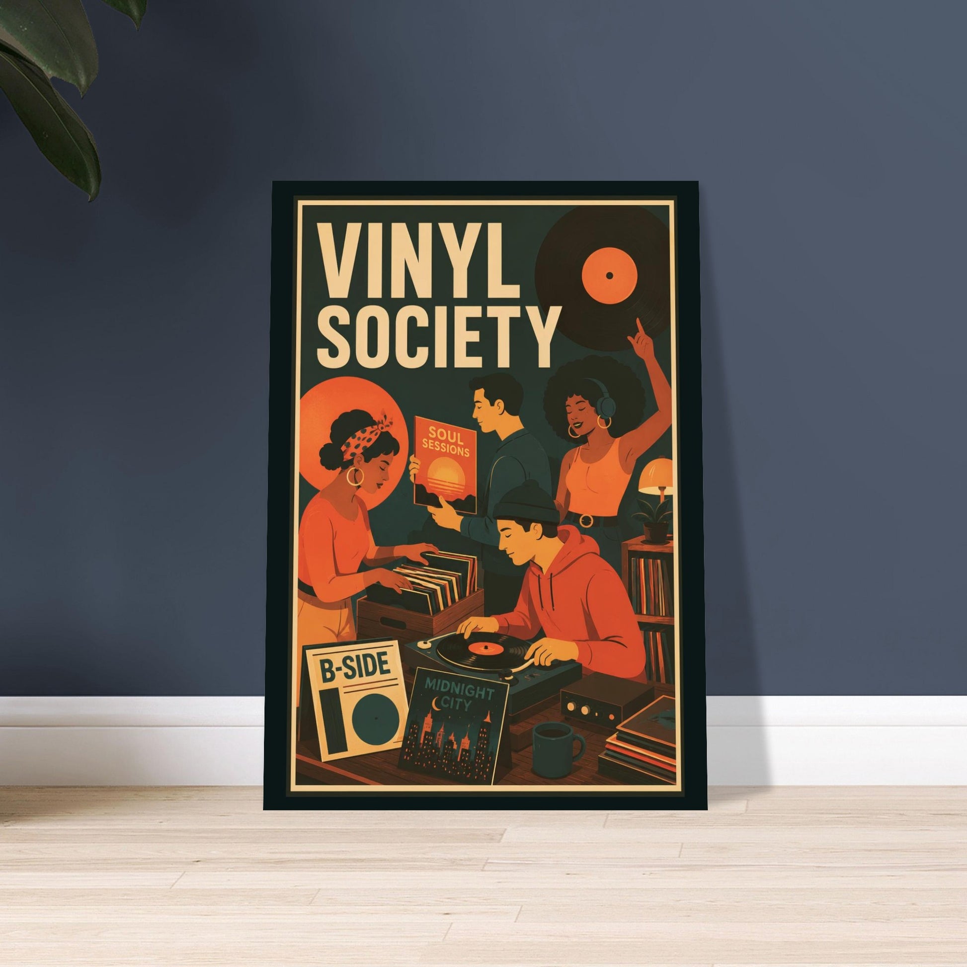 Vinyl Society wall art featuring stylised music lovers and vinyl records, displayed in a simple frame against a blue-grey wall.