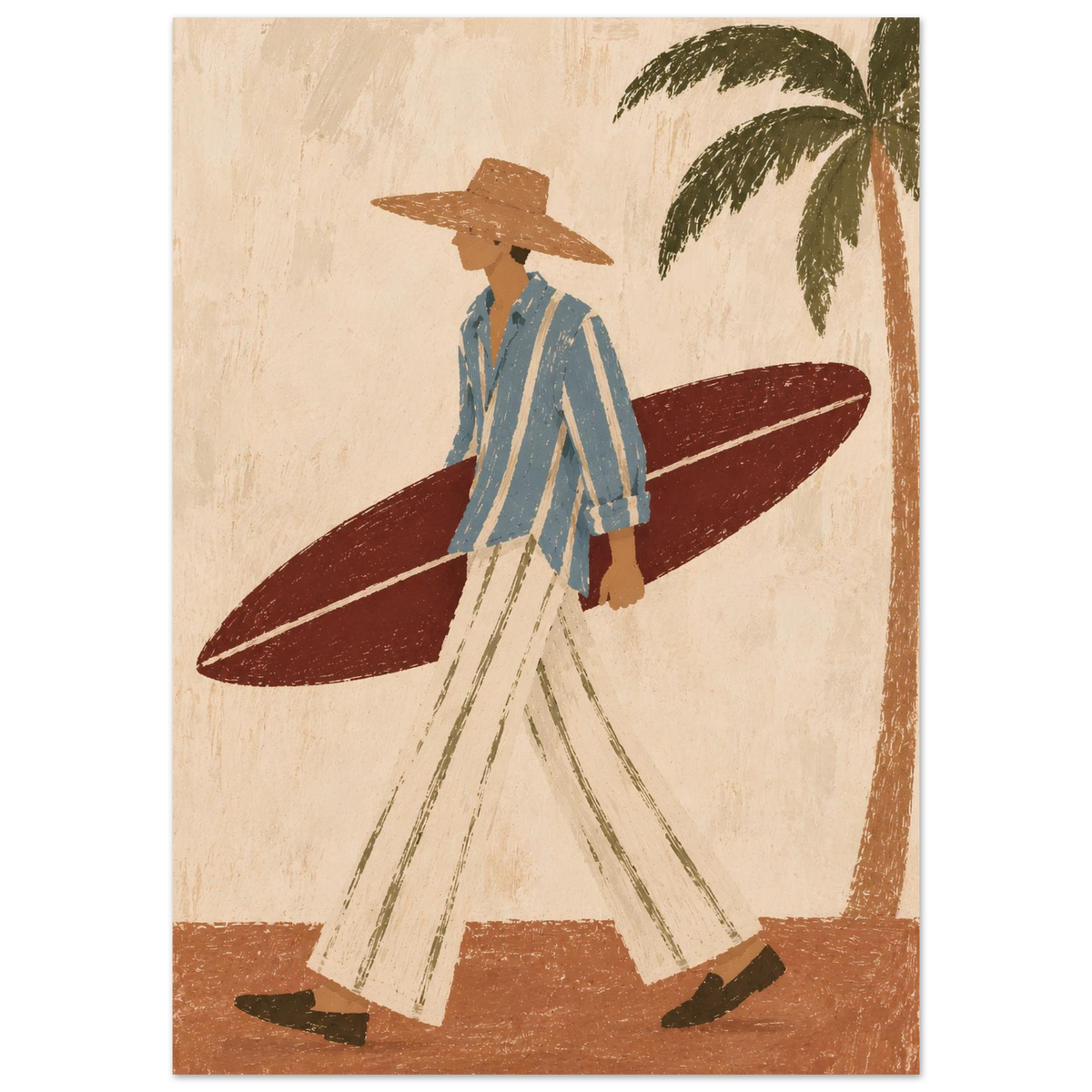 An illustration of a man in a wide-brimmed hat, blue striped shirt and cream trousers carrying a burgundy surfboard beside a palm tree.