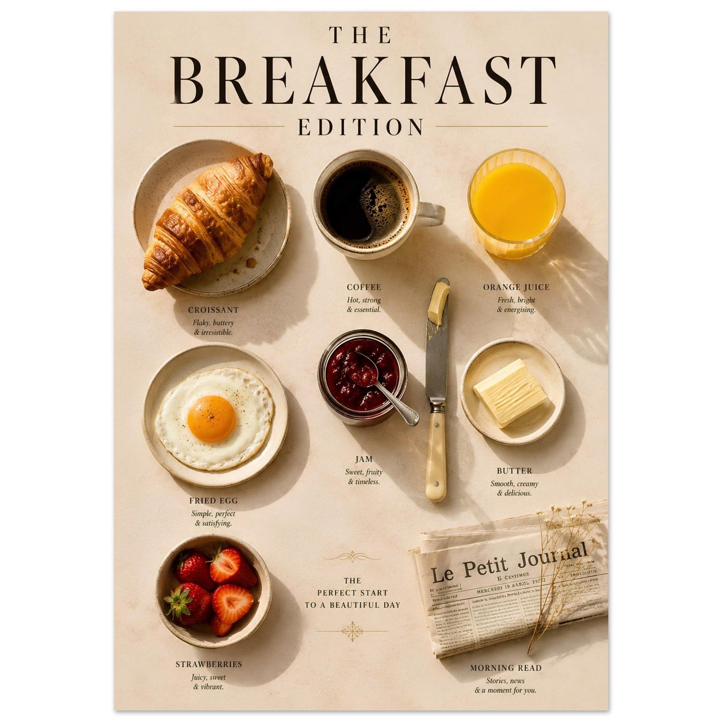 Breakfast Edition Poster displayed in a contemporary dining area with natural light and breakfast-themed wall art.