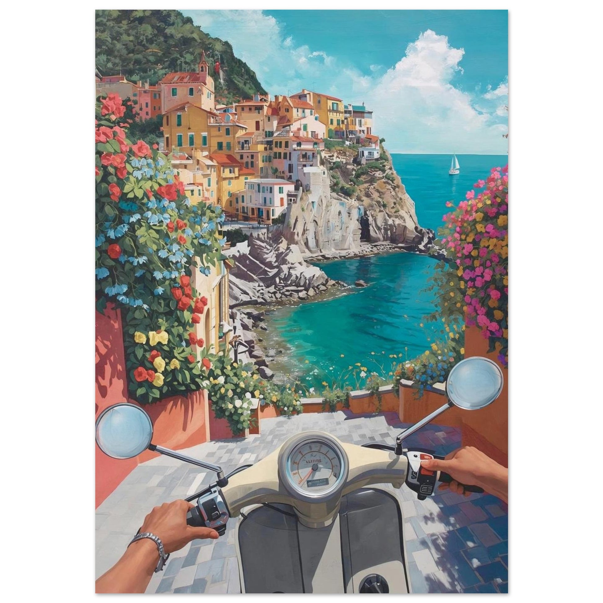 Poster of a coastal scene with a scooter 