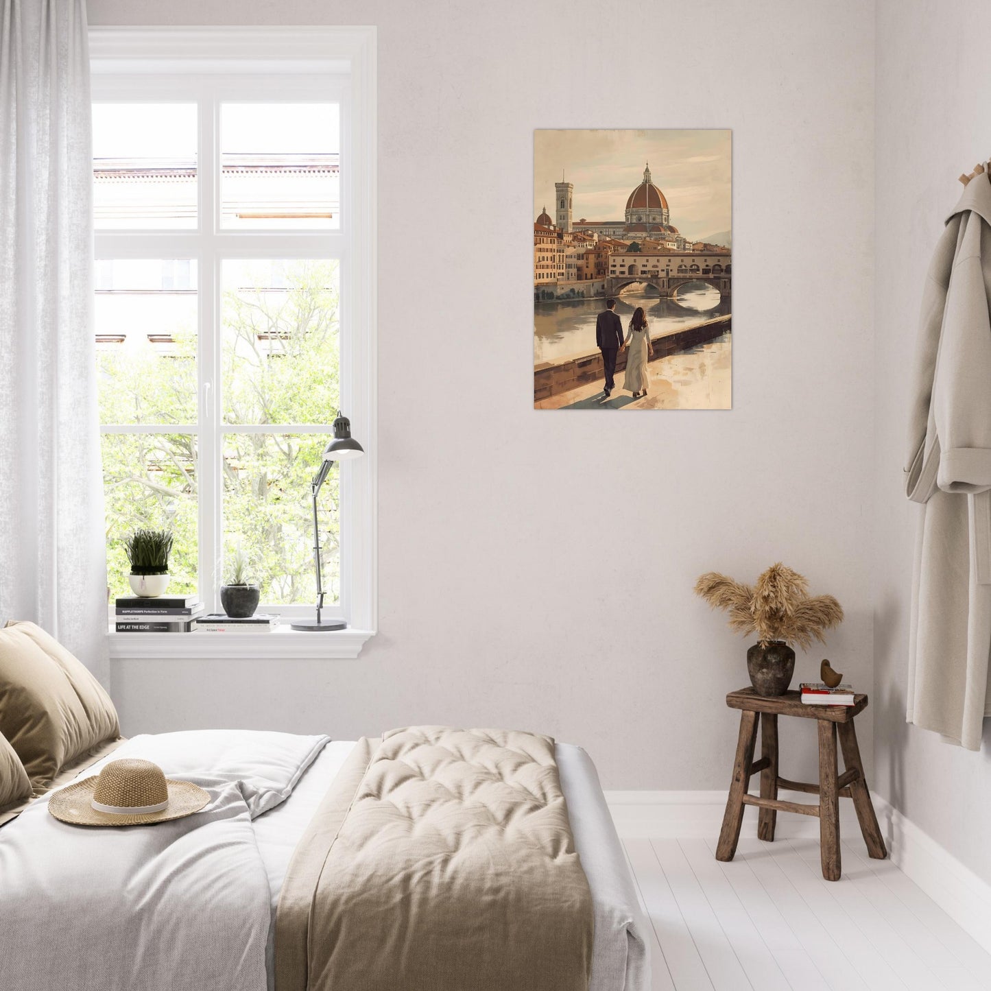 Romantic Florence wall art featuring a couple by the Arno River with the Duomo and Ponte Vecchio in warm vintage tones. Elegant Italian city decor.