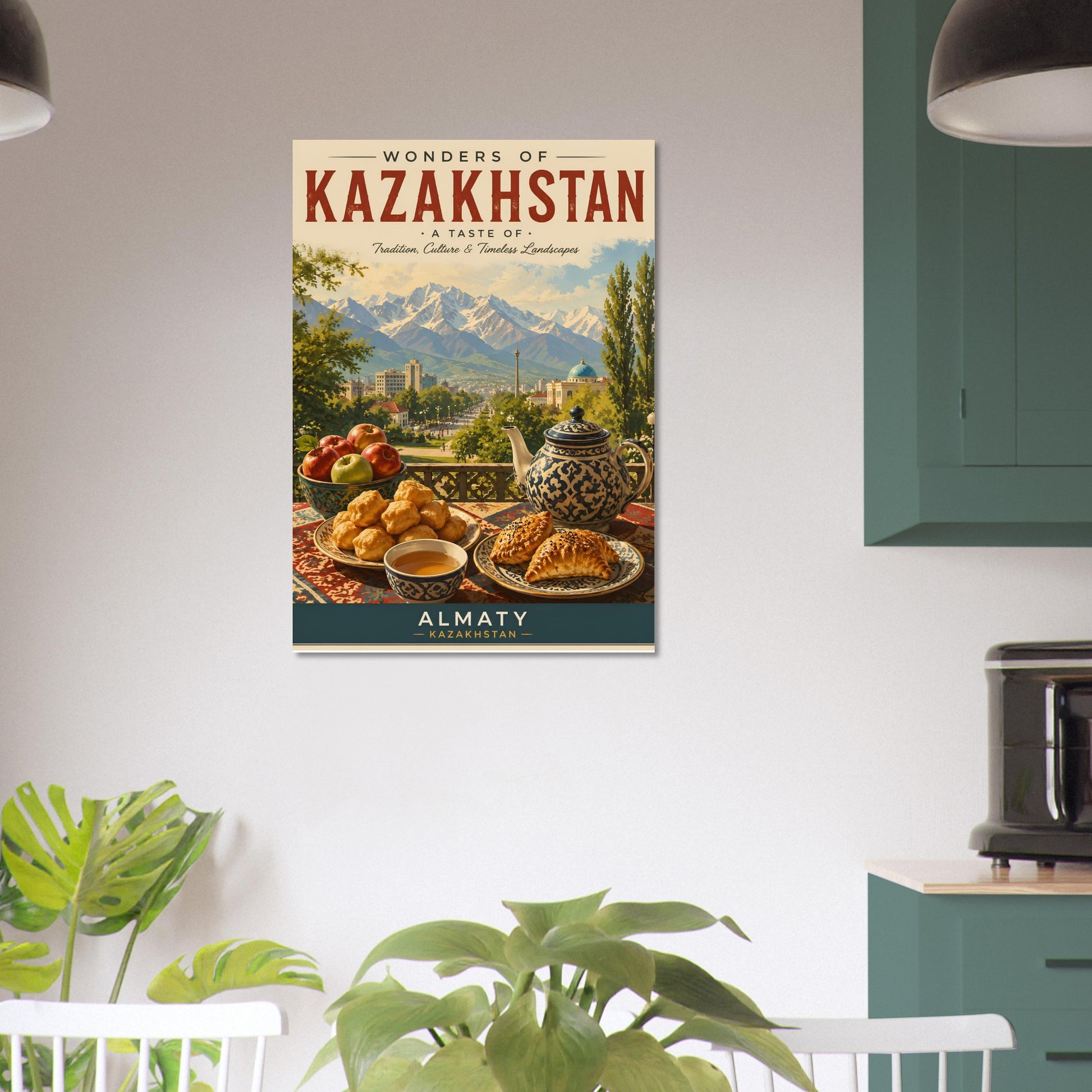 Poster of 'Wonders of Kazakhstan' hanging on a wall in a room with plants and kitchen appliances.
