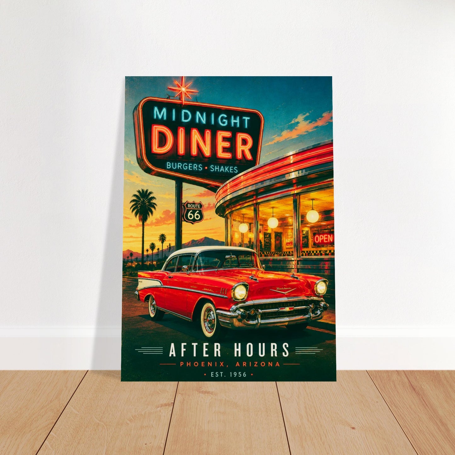 Poster of a classic red car in front of a diner with a neon sign.