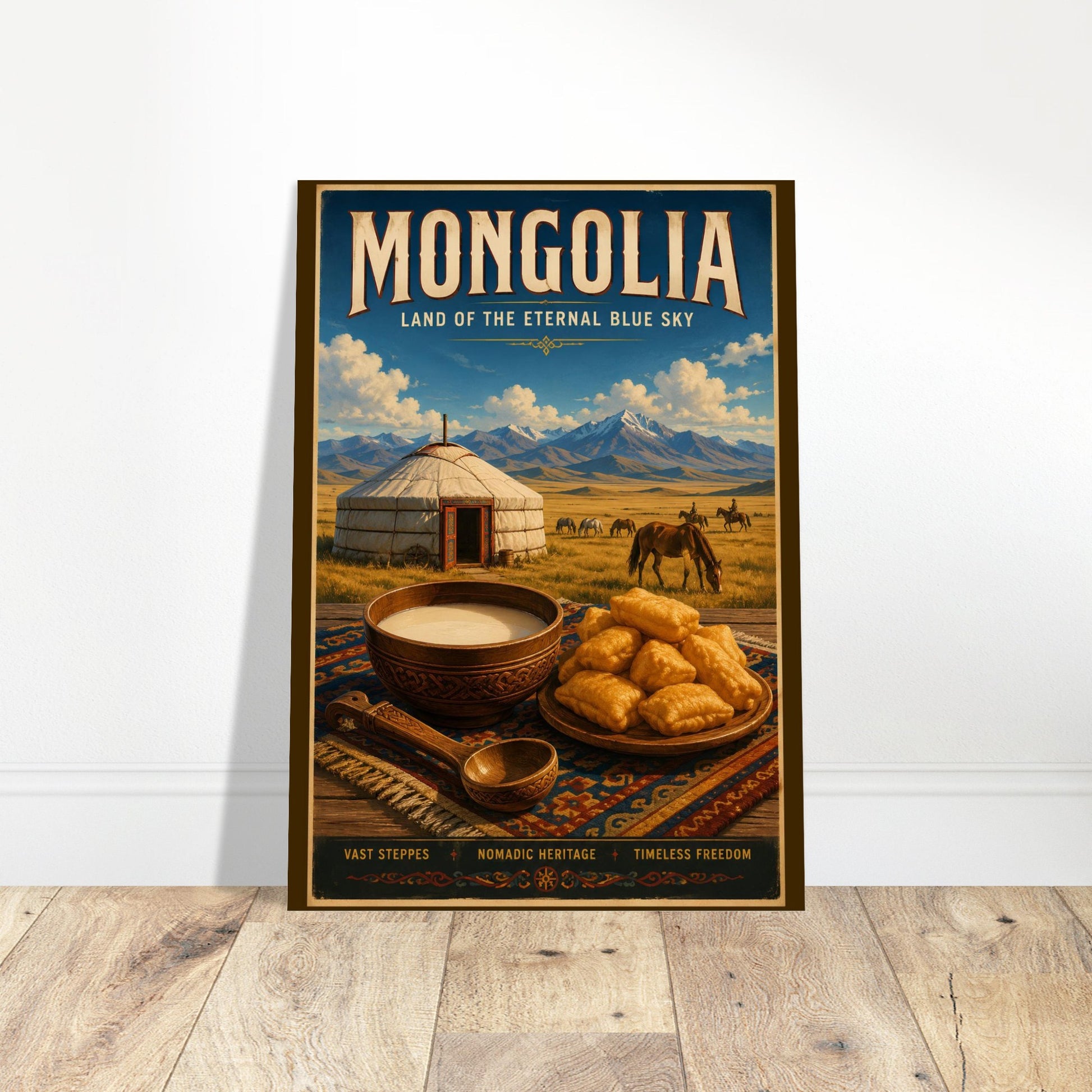 Vintage Mongolia travel poster featuring traditional Mongolian culture, horses, and grasslands displayed against a neutral interior wall.