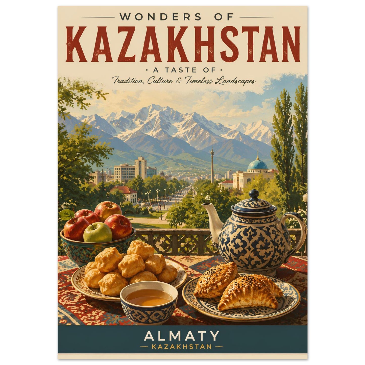 Poster of 'Wonders of Kazakhstan' with scenic view and traditional food items.