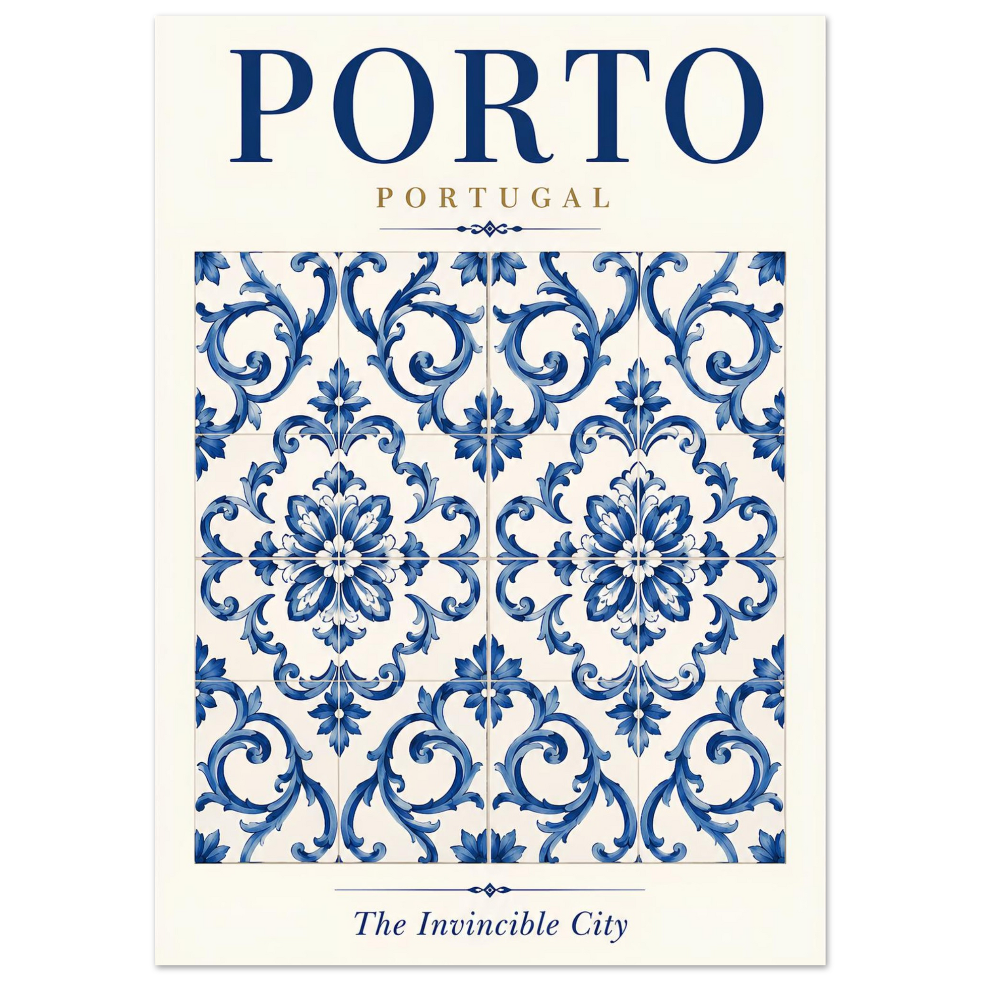 A travel poster or art print featuring a blue and white Portuguese azulejo tile pattern with the text 'PORTO PORTUGAL' at the top and 'The Invincible City' at the bottom.