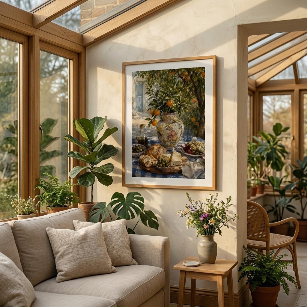 Amalfi Coast inspired still life poster displayed in warm Mediterranean-style interior with natural sunlight
