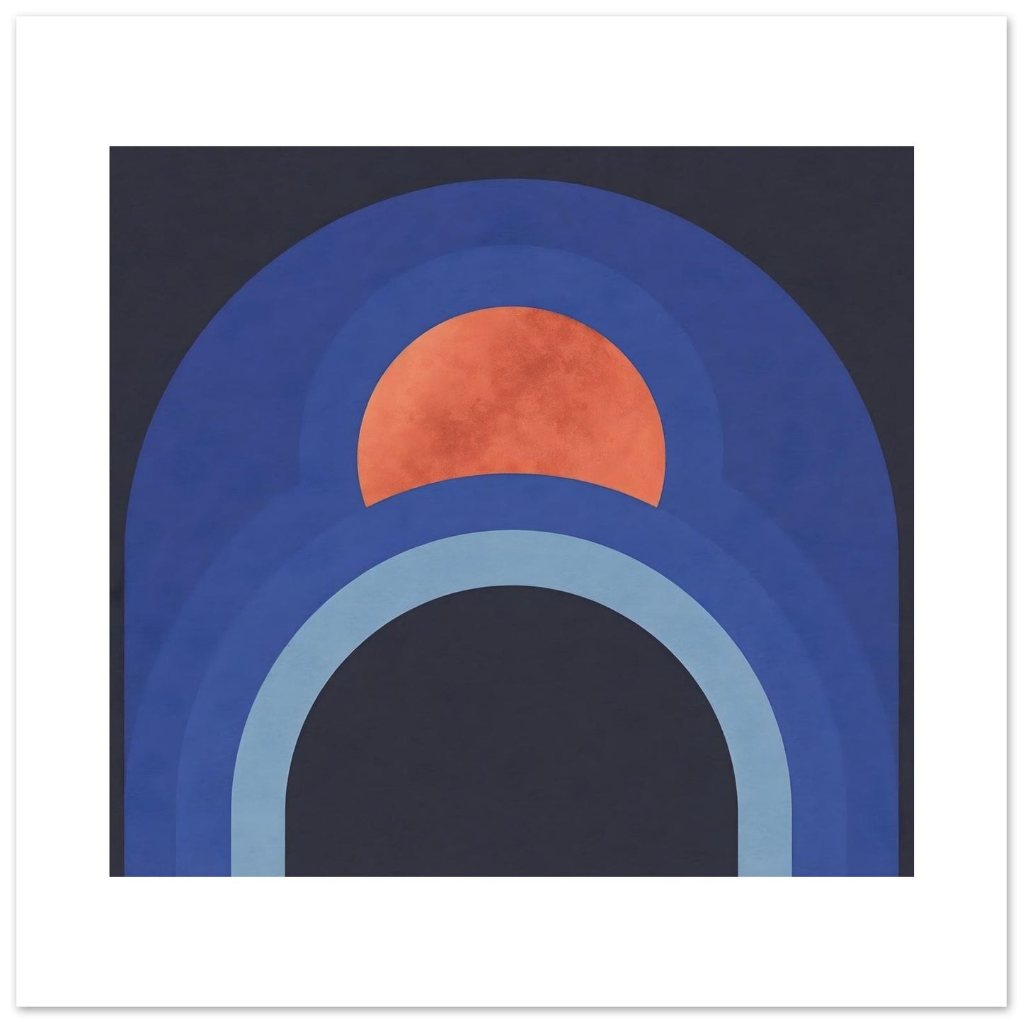 Close-up of modern abstract arch wall art with warm terracotta sun detail