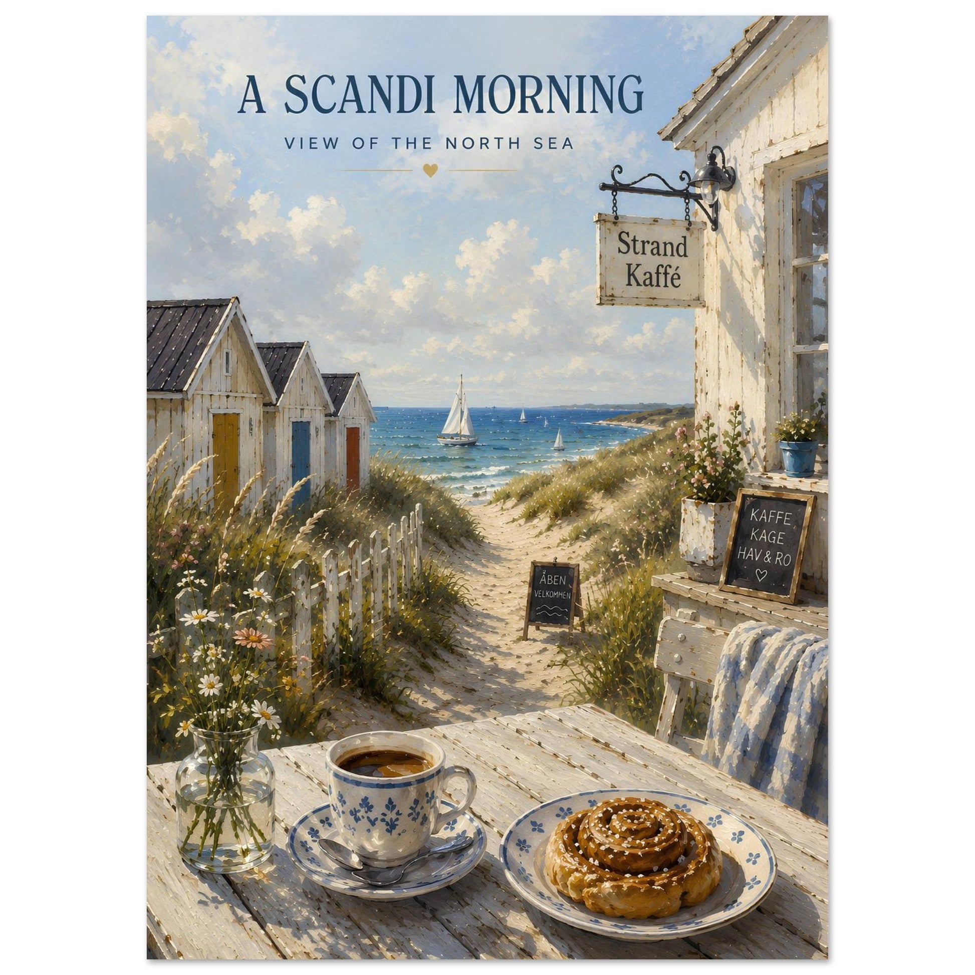 Nordic coastal wall art featuring sandy dunes, sailing boats and a seaside café in painterly style