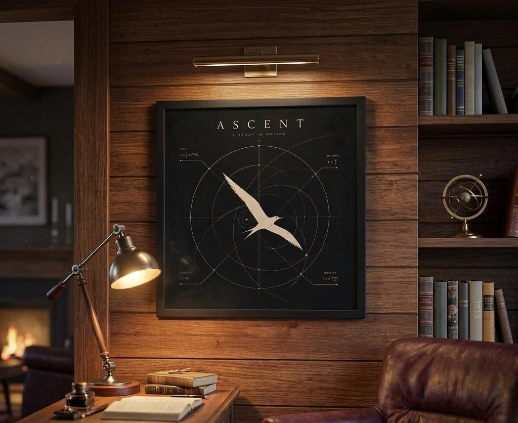 Minimalist scientific bird wall art displayed above a desk in a warm home office, featuring geometric flight diagrams on a black background.