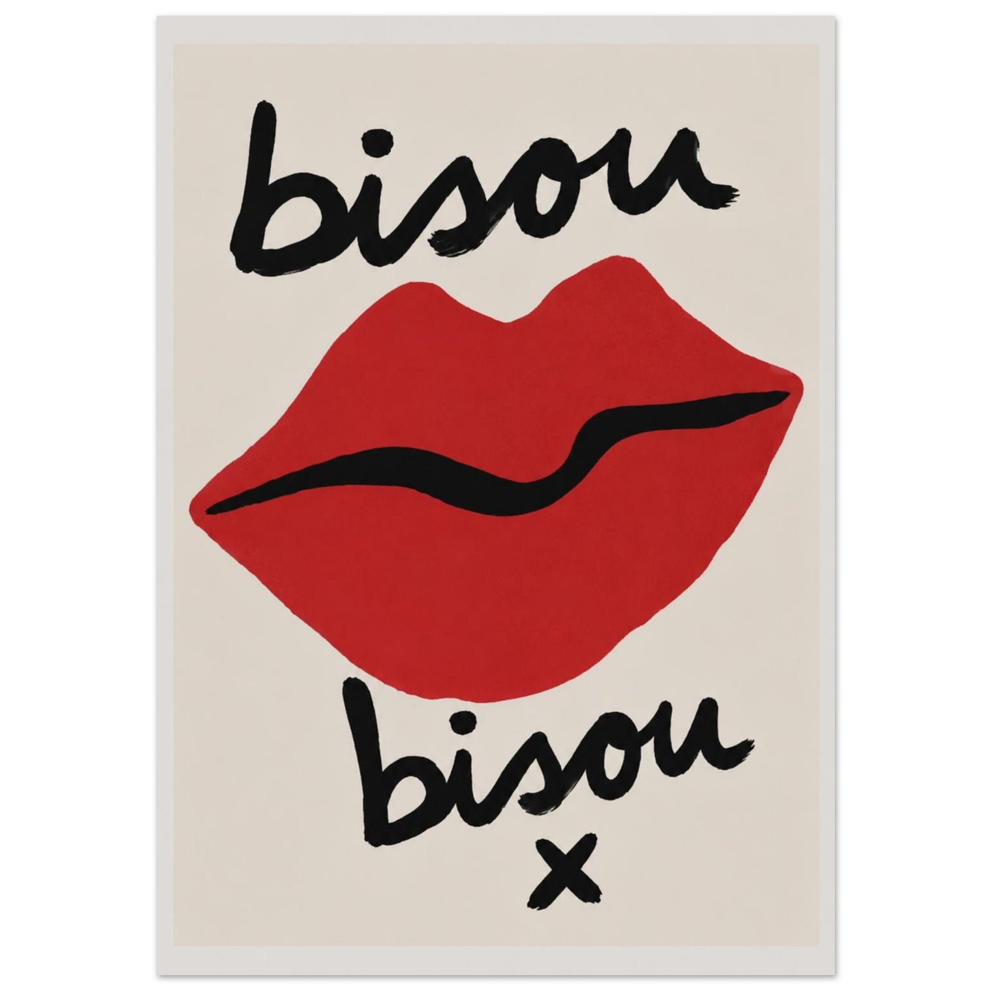 Red lips Poster with 'bisou' text on a beige background