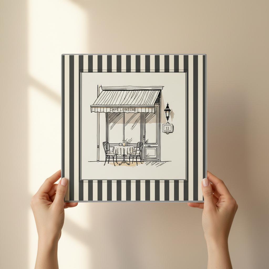 Hands holding square Paris café wall art print with black and cream striped border