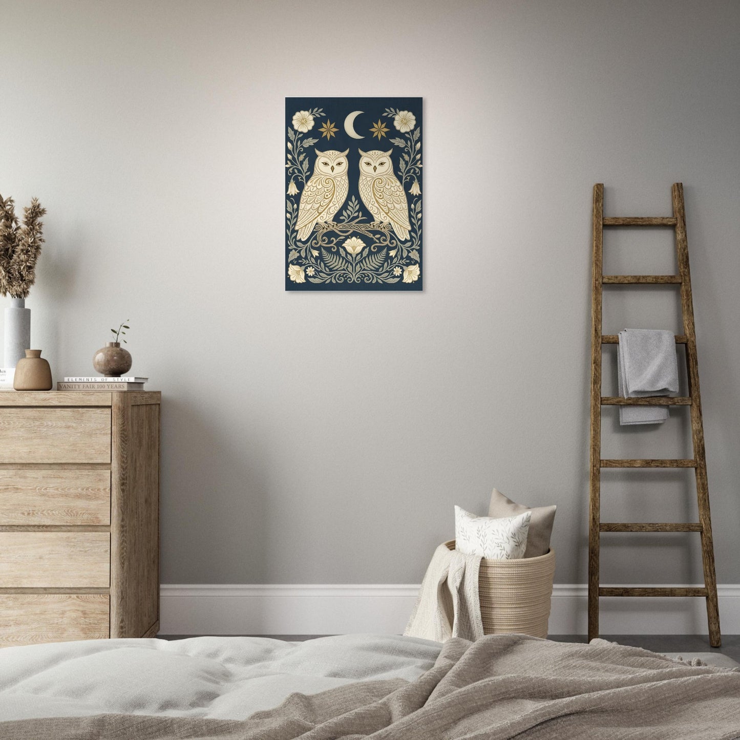 Owls & Moonflowers Scandinavian owl artwork displayed leaning against a wall, showcasing detailed botanical and celestial folk art elements.